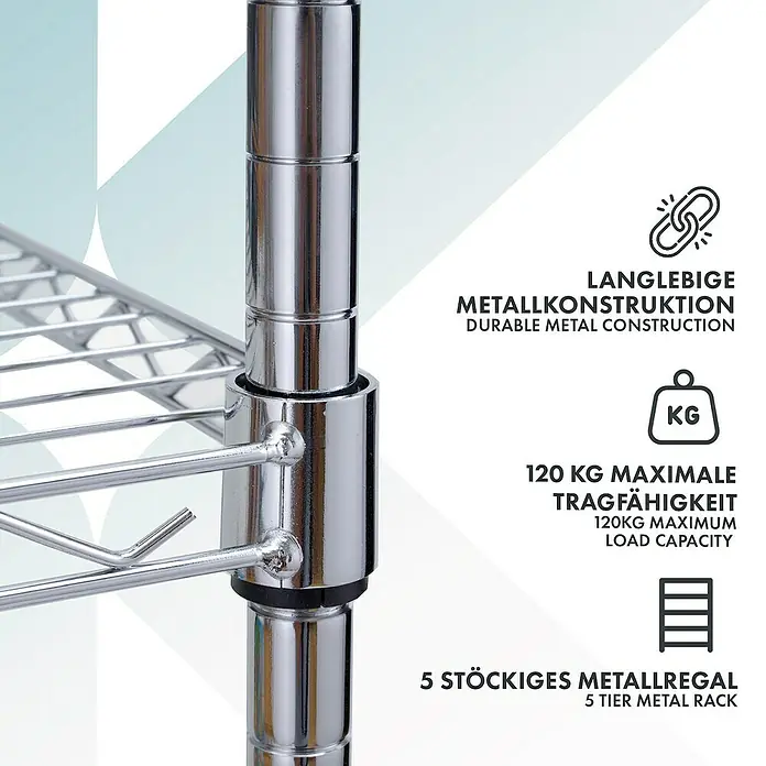 Floordirekt Gitterregal Maya - H x B x T: 150 x 34 x 89 cm, Traglast pro Boden: 24 kg, Anzahl Böden: 5 Stk., Stecken, Chrom - Detailaufnahme eines 5-stöckigen Metallregals mit langlebiger Metallkonstruktion und maximaler Tragfähigkeit von 120 kg.