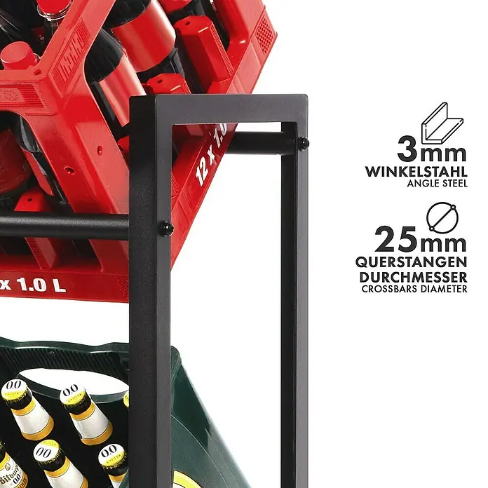 Floordirekt Getränkekistenregal Kenji - H x B x T: 79 x 70 x 32 cm, Traglast pro Boden: 150 kg, Anzahl Böden: 2 Stk., Stecken, Schwarz - Nahaufnahme eines Getränkekistenregals mit roten und grünen Kisten, hervorgehobene Details zu Winkelstahl und Querstangendurchmesser.