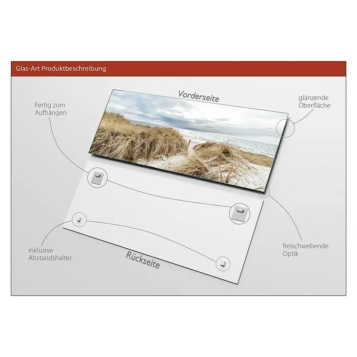 ProArt Glasbild - Ocean View III, B x H: 80 x 30 cm - Produktbeschreibung für ein Glasbild mit Blick auf Strand und Meer, mit Hinweisen zu Eigenschaften wie Aufhängung und Optik.