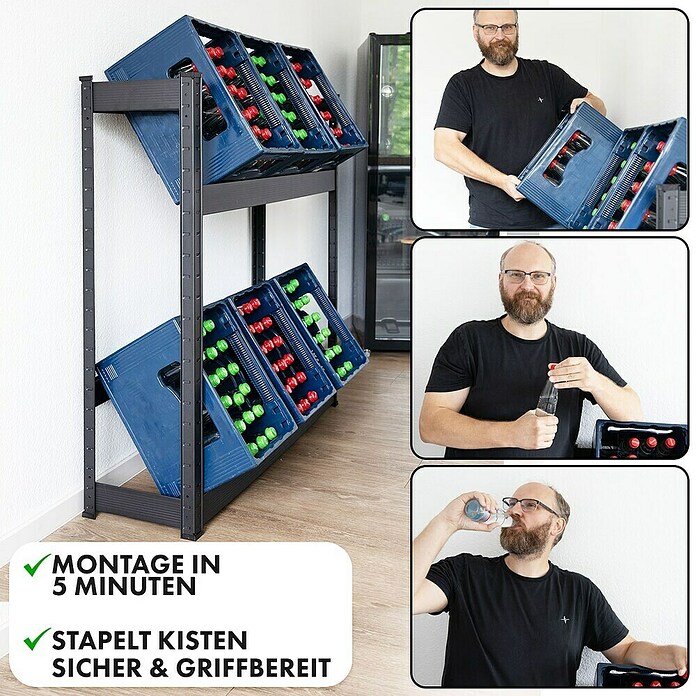 Floordirekt Getränkekistenregal Osaka (H x B x T: 200 x 40 x 30 cm, Traglast pro Boden: 100 kg, Anzahl Böden: 4 Stk., Stecken, Schwarz) | BAUHAUS