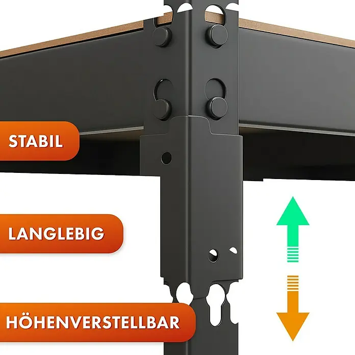 Floordirekt Schwerlastregal Rhino - H x B x T: 180 x 90 x 60 cm, Traglast pro Boden: 210 kg, Anzahl Böden: 5 Stk., Stecken, Schwarz - Produktbild eines höhenverstellbaren Regals mit Fokus auf Stabilität und Langlebigkeit.