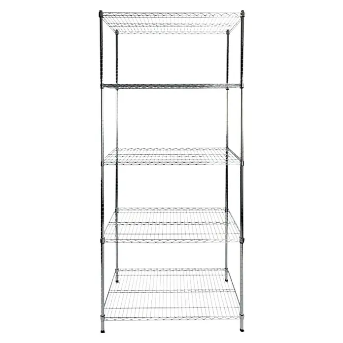 Floordirekt Gitterregal Himalaya - H x B x T: 200 x 60 x 90 cm, Traglast pro Boden: 150 kg, Anzahl Böden: 5 Stk., Stecken, Chrom - Das Bild zeigt ein robustes Chromregal mit fünf Drahtböden, ideal für Lagerung und Organisation in verschiedenen Umgebungen. Das Regal ist stabil und langlebig.