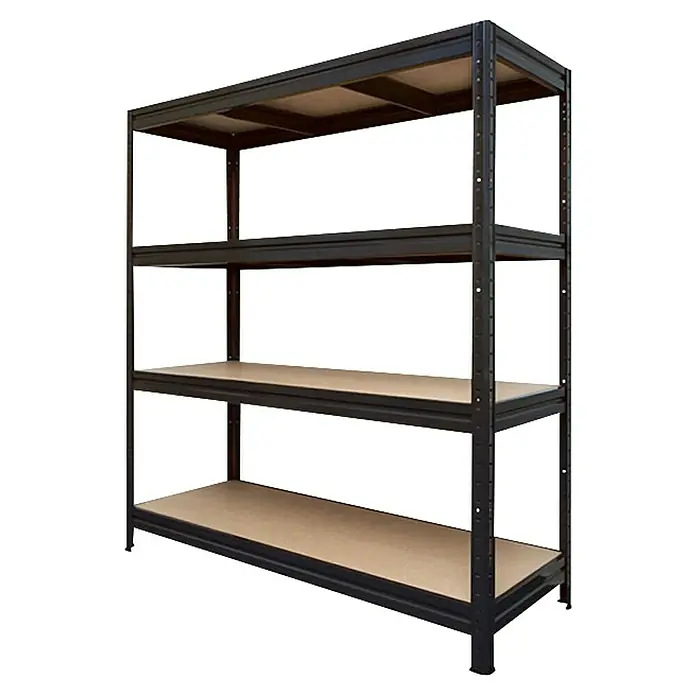 Floordirekt Schwerlastregal - H x B x T: 180 x 200 x 60 cm, Traglast pro Boden: 400 kg, Anzahl Böden: 4 Stk., Stecken, Schwarz - Schwarzes Regal mit drei Ebenen und hellen Holzplatten für Lagerung und Organisation. Ideal für Keller oder Garage.