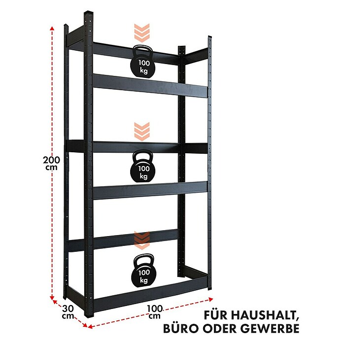 Floordirekt Getränkekistenregal Osaka (H x B x T: 200 x 100 x 30 cm, Traglast pro Boden: 100 kg, Anzahl Böden: 3 Stk., Stecken, Schwarz) | BAUHAUS