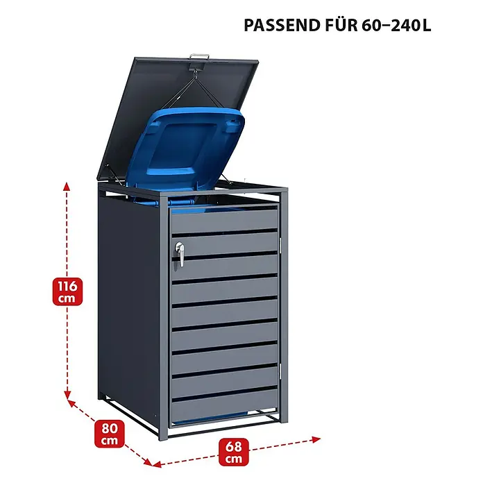 Floordirekt Mülltonnenbox Magnus - Stahl, Anthrazit, Geeignet für Anzahl Mülltonnen: 1 Stk. - Bild einer grauen Mülltonnenbox mit den Maßen 116x80x68 cm, passend für 60-240L Mülltonnen.