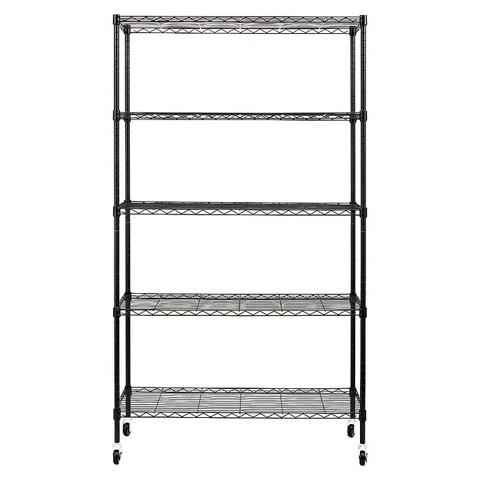 Floordirekt Gitterregal Maya - H x B x T: 150 x 34 x 89 cm, Traglast pro Boden: 24 kg, Anzahl Böden: 5 Stk., Stecken, Schwarz - Das Bild zeigt ein Regal mit vier Ebenen und Rädern für den einfachen Transport, ideal für die Lagerung verschiedener Gegenstände.