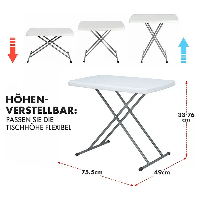 Floordirekt Balkontisch Nara - L x B x H: 75,5 x 49 x 76 cm, Kunststoff, Rechteckig, Weiß - Höhenverstellbarer Klapptisch: Die Tischhöhe ist flexibel einstellbar von 33 bis 76 cm, Tischplattenlänge 75.5cm, Breite 49cm.