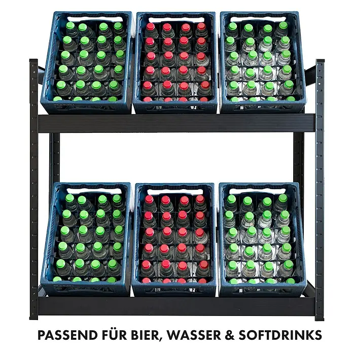 Floordirekt Getränkekistenregal Osaka - H x B x T: 110 x 110 x 30 cm, Traglast pro Boden: 100 kg, Anzahl Böden: 2 Stk., Stecken, Schwarz - Lagerregal mit Getränkekisten. Ideal für Bier, Wasser und Softdrinks. Robuste Konstruktion für hohe Belastbarkeit.