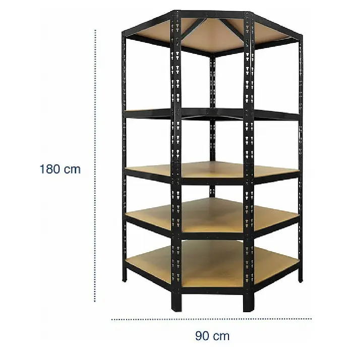 Floordirekt Eckregal - H x B x T: 180 x 90 x 42 cm, Traglast pro Boden: 175 kg, Anzahl Böden: 5 Stk., Stecken, Schwarz - Das Bild zeigt ein Eckregal mit fünf Ablagen. Die Höhe beträgt 180 cm und die Breite 90 cm. Perfekt für jede Ecke.