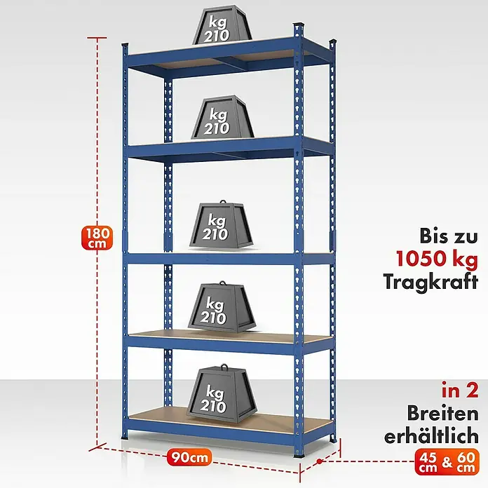 Floordirekt Schwerlastregal Rhino - H x B x T: 180 x 90 x 60 cm, Traglast pro Boden: 210 kg, Anzahl Böden: 5 Stk., Stecken, Blau - Abbildung eines blauen Schwerlastregals mit fünf Böden, belastbar bis zu 1050 kg, in zwei Breiten erhältlich: 45 & 60 cm.