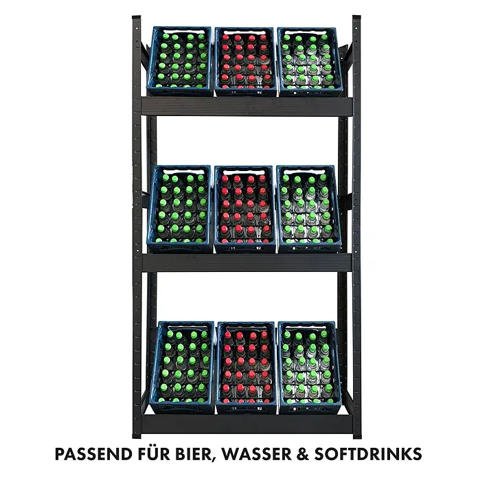 Floordirekt Getränkekistenregal Osaka - H x B x T: 200 x 100 x 30 cm, Traglast pro Boden: 100 kg, Anzahl Böden: 3 Stk., Stecken, Schwarz - Regal mit Getränkekisten.