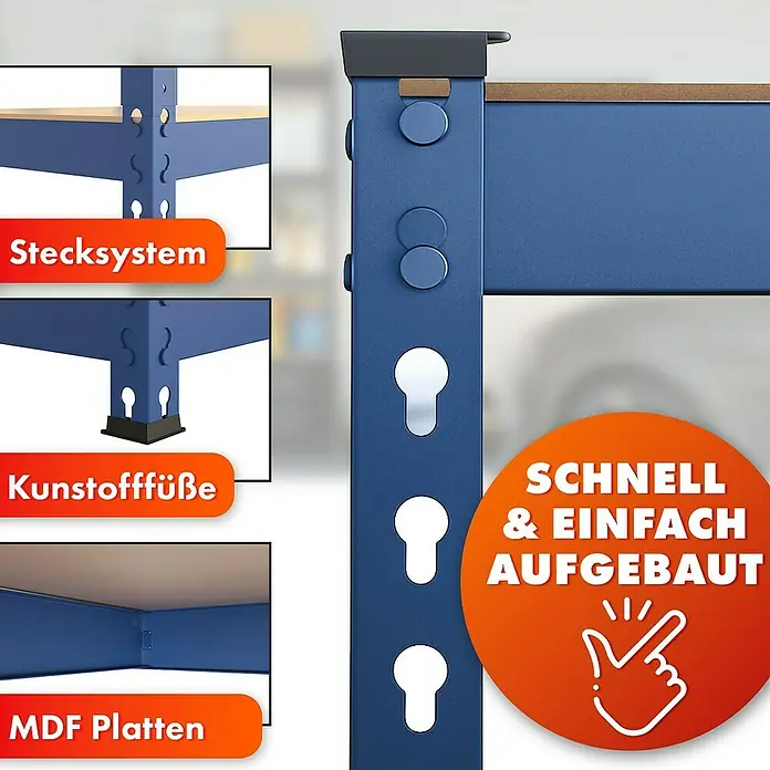 Floordirekt Schwerlastregal Rhino - H x B x T: 180 x 90 x 60 cm, Traglast pro Boden: 210 kg, Anzahl Böden: 5 Stk., Stecken, Blau - Detailansicht eines blauen Schwerlastregals mit Stecksystem, Kunststofffüßen und MDF-Platten. Schnell und einfach aufgebaut.
