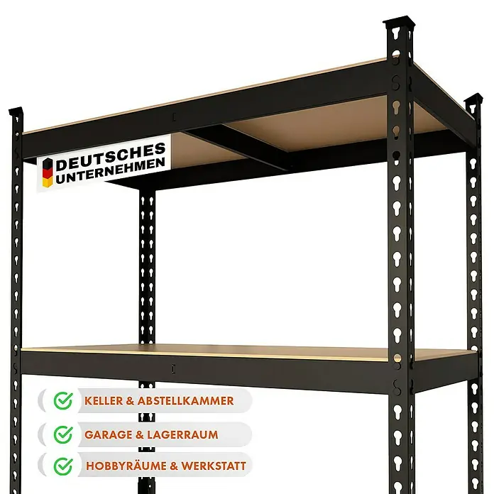 Floordirekt Schwerlastregal Rhino - H x B x T: 180 x 90 x 60 cm, Traglast pro Boden: 210 kg, Anzahl Böden: 5 Stk., Stecken, Schwarz - Produktansicht des robusten Metallregals mit zwei Regalböden und dem Hinweis "Deutsches Unternehmen".