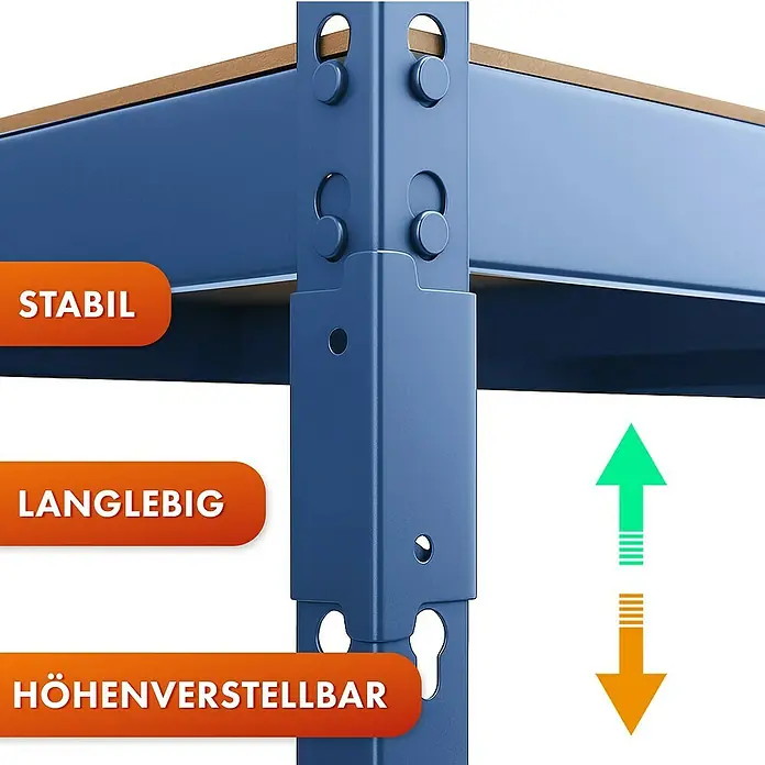 Floordirekt Schwerlastregal Rhino - H x B x T: 180 x 90 x 60 cm, Traglast pro Boden: 210 kg, Anzahl Böden: 5 Stk., Stecken, Blau - Detailansicht eines robusten, langlebigen und höhenverstellbaren Schwerlastregals in Blau.