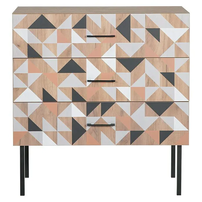 Phönix Spectral Kommode - L x B x H: 45 x 100 x 105 cm, Holzfarben, Anzahl Schubladen: 3 Stk. - Kommode mit drei Schubladen und einem geometrischen Muster in Holz-, Grau-, Weiß- und Rosatönen, die im Wohnzimmer oder Schlafzimmer platziert werden kann.