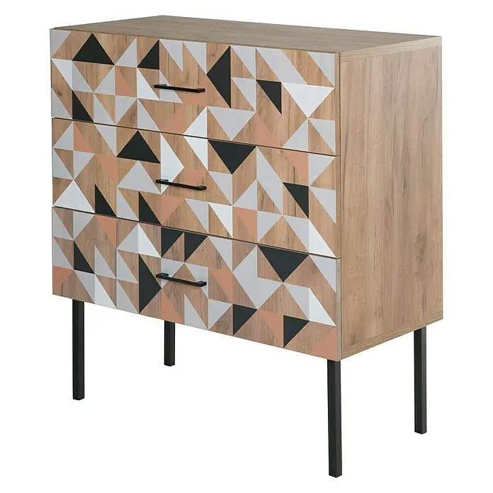 Phönix Spectral Kommode - L x B x H: 45 x 100 x 105 cm, Holzfarben, Anzahl Schubladen: 3 Stk. - Kommode mit drei Schubladen und geometrischem Muster in Schwarz, Weiß, Rosa und Holztönen.