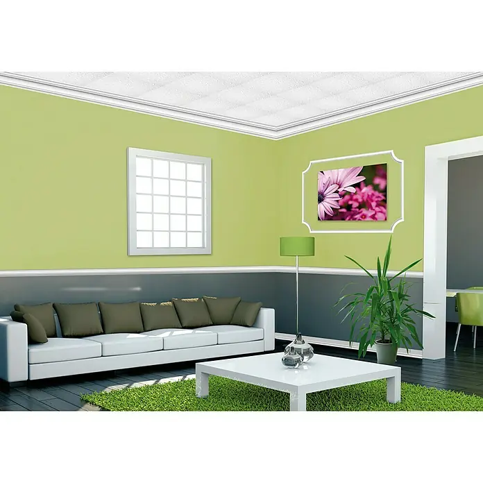 Deckenplatte Dekor 81 - 50 x 50 cm, Weiß, 2 m², Polystyrol - Wohnzimmer mit grünen Akzenten und Blumenbild.