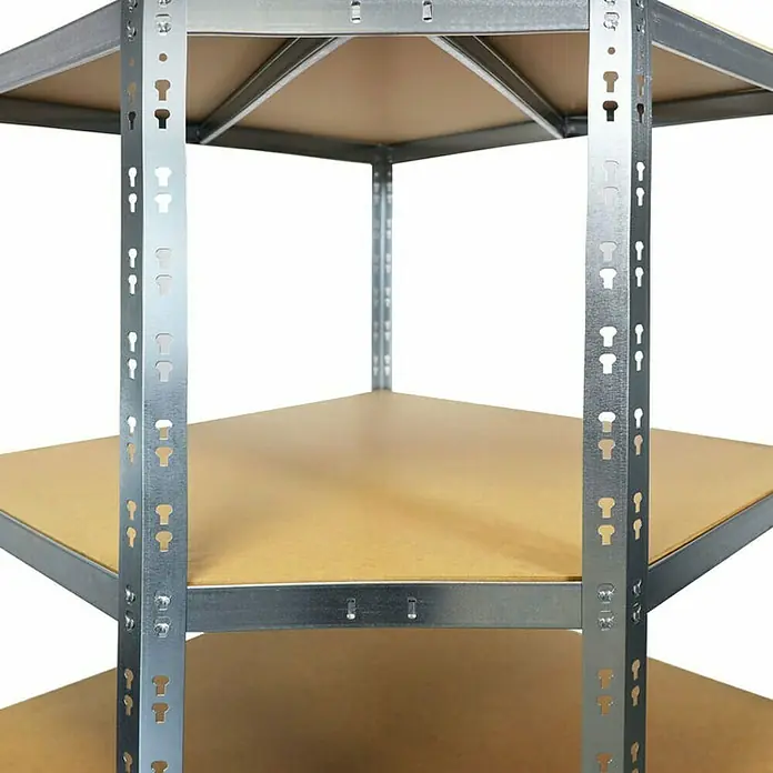 Floordirekt Eckregal - H x B x T: 180 x 90 x 42 cm, Traglast pro Boden: 175 kg, Anzahl Böden: 5 Stk., Stecken, Silber - Nahaufnahme eines Metallregals mit Holzregalböden, ideal zur Aufbewahrung und Organisation.
