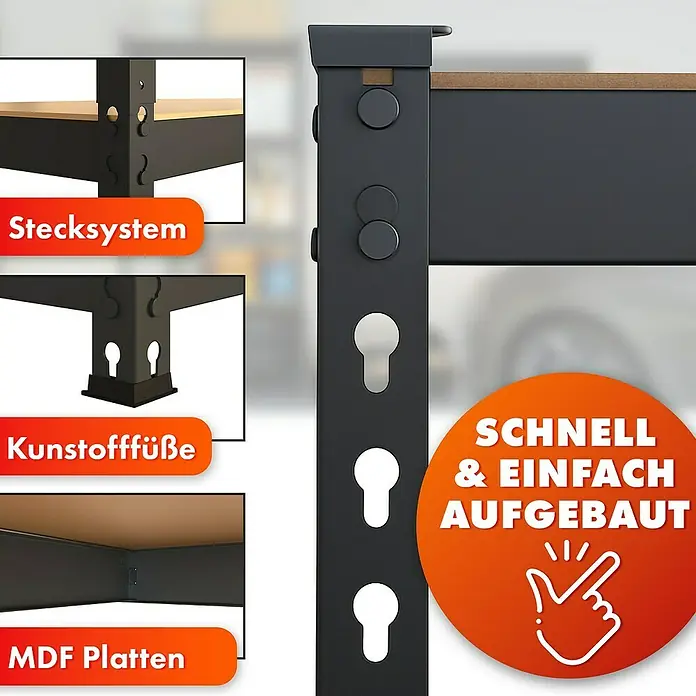 Floordirekt Schwerlastregal Rhino - H x B x T: 180 x 90 x 60 cm, Traglast pro Boden: 210 kg, Anzahl Böden: 5 Stk., Stecken, Schwarz - Schwerlastregal mit Stecksystem, Kunststofffüßen und MDF-Platten für schnelle & einfache Montage.
