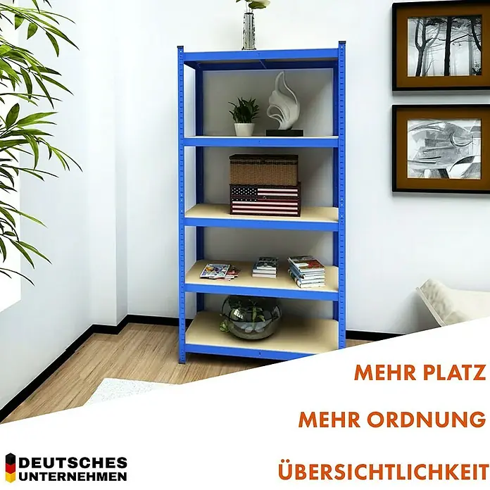 Floordirekt Schwerlastregal Rhino - H x B x T: 180 x 90 x 60 cm, Traglast pro Boden: 210 kg, Anzahl Böden: 5 Stk., Stecken, Blau - Regal mit fünf Ablagen zur Aufbewahrung diverser Gegenstände.