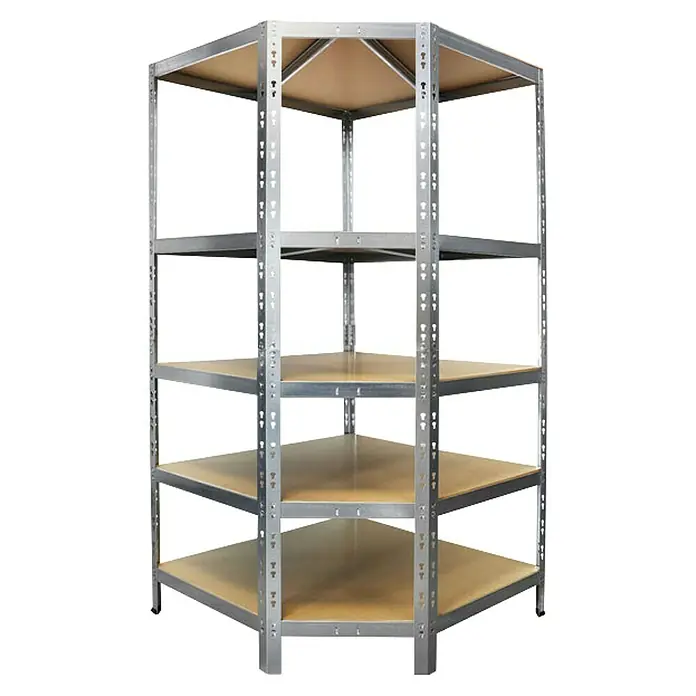 Floordirekt Eckregal - H x B x T: 180 x 90 x 42 cm, Traglast pro Boden: 175 kg, Anzahl Böden: 5 Stk., Stecken, Silber - Ein Eckregal aus Metall und Holz mit fünf Ebenen, ideal für die platzsparende Aufbewahrung in Ecken. Robuste Konstruktion für vielfältige Zwecke.