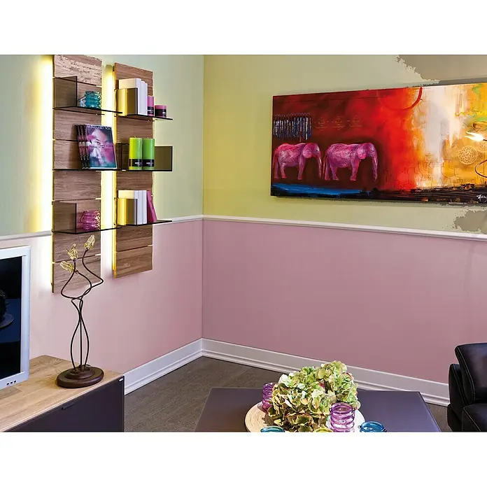 Fußleiste CF 11 - 200 x 1,3 x 8 cm, Weiß, HD Polymer - Wanddekoration mit Regalen und LED-Beleuchtung, ergänzt durch ein farbenfrohes Elefantenbild für ein stilvolles Ambiente.