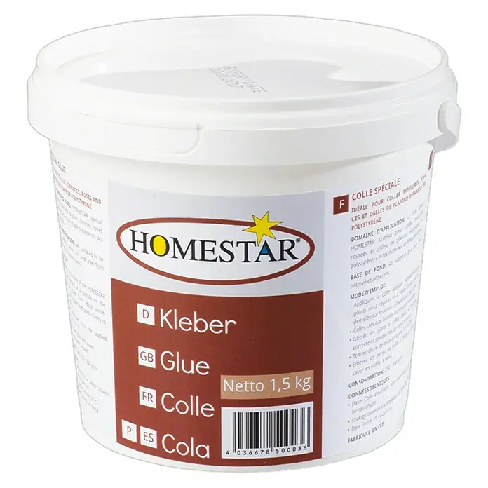 Spachtelkleber SX 20 - 1,5 kg - Hier ist ein Eimer Homestar Kleber mit einem Nettoinhalt von 1,5 kg, ideal für Bastel- und Bauprojekte, die starken Halt erfordern.
