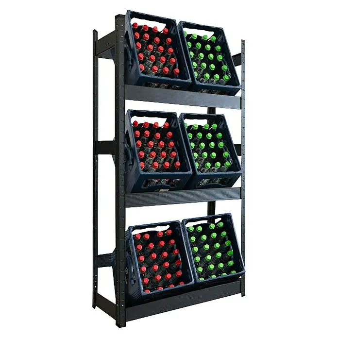 Floordirekt Getränkekistenregal Osaka - H x B x T: 160 x 80 x 30 cm, Traglast pro Boden: 100 kg, Anzahl Böden: 3 Stk., Stecken, Schwarz - Produkt-Regal mit Getränkekisten, gefüllt mit Flaschen mit roten und grünen Verschlüssen. Praktische Lagerlösung für Getränke.