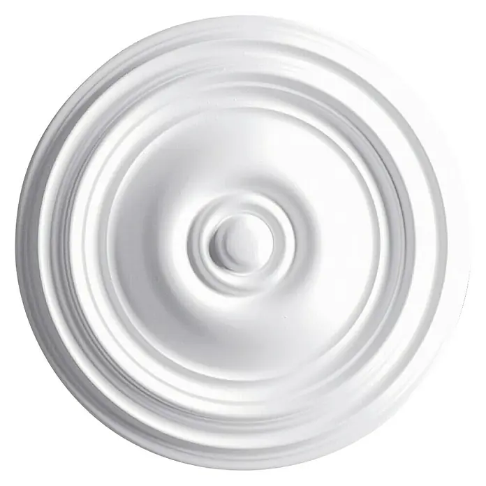 Rosette Carla - 37 cm, Expandiertes Polystyrol (EPS), Modern, Weiß - Weiße Deckenrosette mit konzentrischen Kreisen und erhabenem Mittelpunkt für stilvolle Inneneinrichtung.