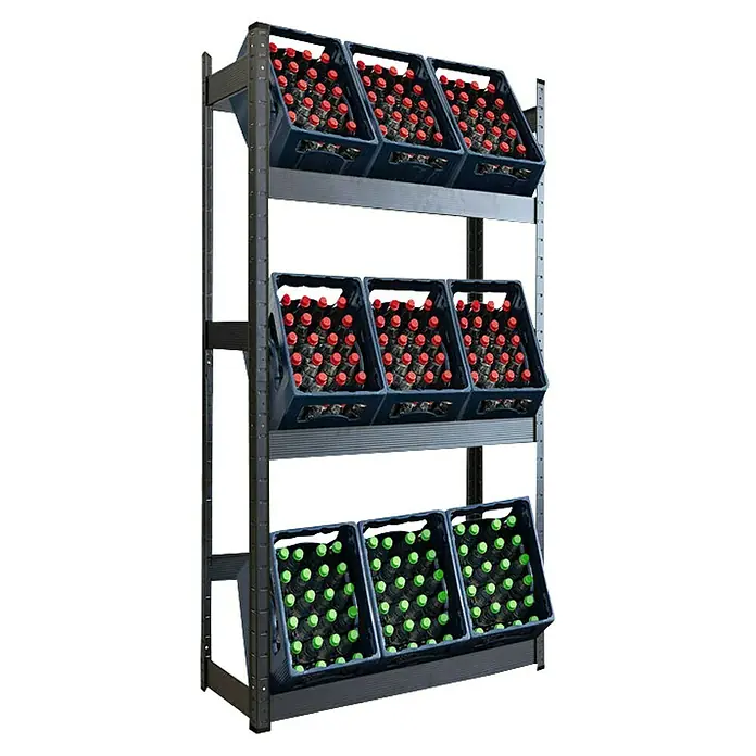 Floordirekt Getränkekistenregal Osaka - H x B x T: 200 x 100 x 30 cm, Traglast pro Boden: 100 kg, Anzahl Böden: 3 Stk., Stecken, Schwarz - Gestell mit Getränkekisten: Das Bild zeigt ein Regal, gefüllt mit Kisten voller Getränke, die ordentlich und verkaufsfördernd angeordnet sind.