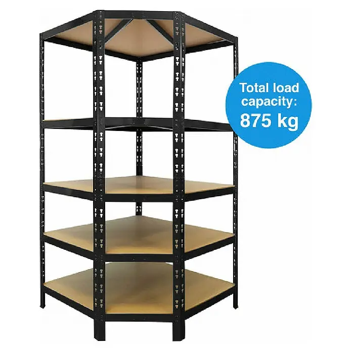 Floordirekt Eckregal - H x B x T: 180 x 90 x 42 cm, Traglast pro Boden: 175 kg, Anzahl Böden: 5 Stk., Stecken, Schwarz - Metallregal mit fünf Holzböden, ideal für Lagerung und Ordnung. Belastbarkeit bis zu 875 kg.