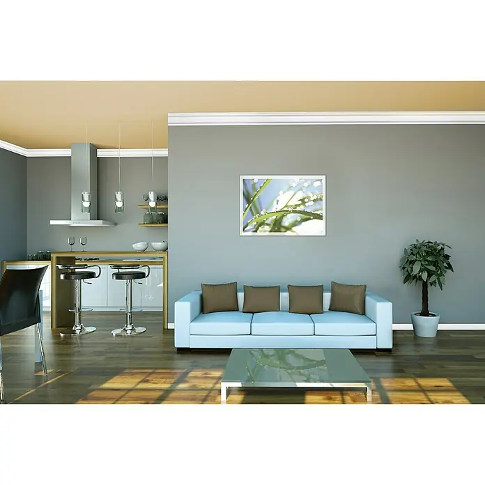 Zierprofil Modern E 6 - 200 cm x 40 mm x 5 cm, XPS-Hartschaumplatten - Ein helles Wohnzimmer mit einem gerahmten Bild von grünen Blättern mit Tautropfen an der Wand über einem Sofa.