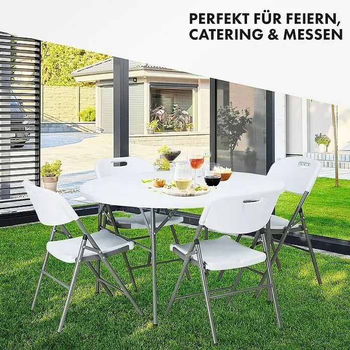 Floordirekt Gartentisch rund Shiga - Ø x H: 120 x 74 cm, Kunststoff, Rund, Weiß - Gartenset mit rundem Tisch und vier Stühlen, ideal für Feiern, Catering und Messen im Freien.
