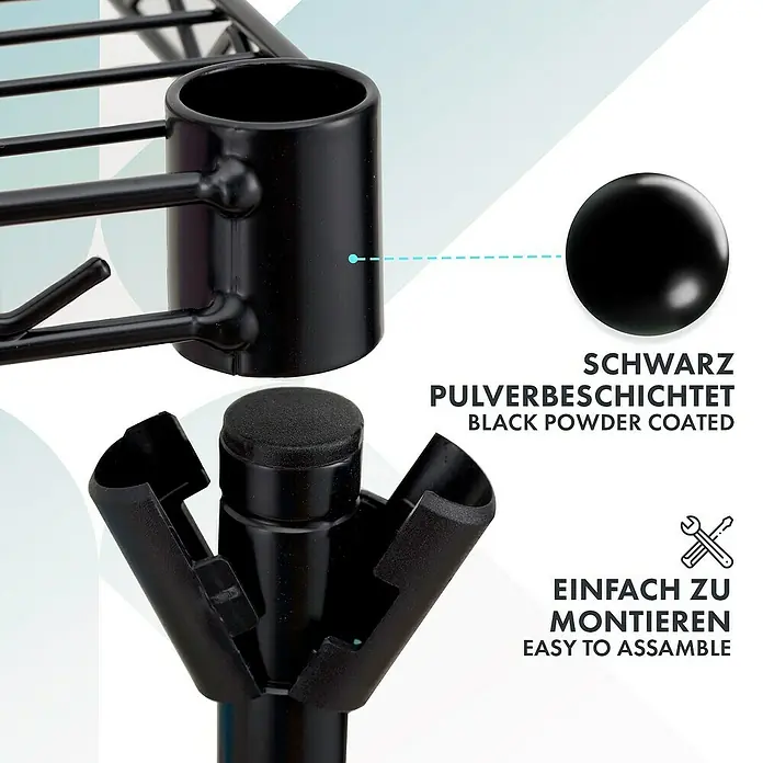 Floordirekt Gitterregal Maya - H x B x T: 150 x 34 x 89 cm, Traglast pro Boden: 24 kg, Anzahl Böden: 5 Stk., Stecken, Schwarz - Detailaufnahme eines schwarzen, pulverbeschichteten Regalsystems, das einfach zu montieren ist.