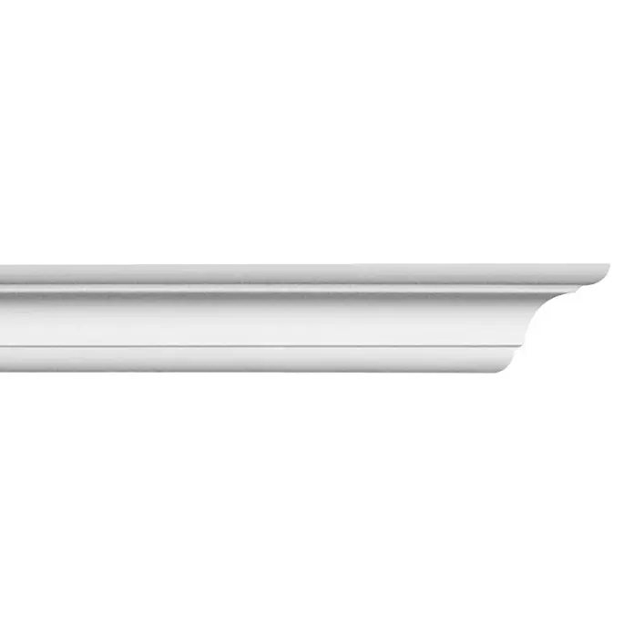 Zierprofil E 17 - 200 cm x 50 mm x 5 cm, XPS-Hartschaumplatten, 2 Stk. - Nahaufnahme einer weißen Zierleiste mit detaillierten Profilen und sanften Kurven, ideal für die Inneneinrichtung.