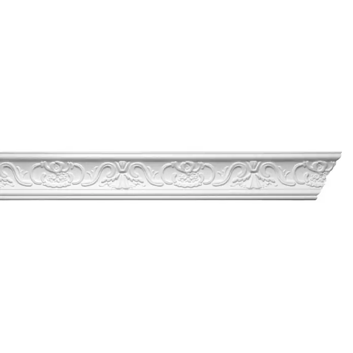 Zierprofil Prestige Tanja-F - 200 cm x 40 mm x 7 cm, Expandiertes Polystyrol (EPS) - Elegante weiße Zierleiste mit floralem Muster, ideal zur Dekoration von Wänden und Decken.