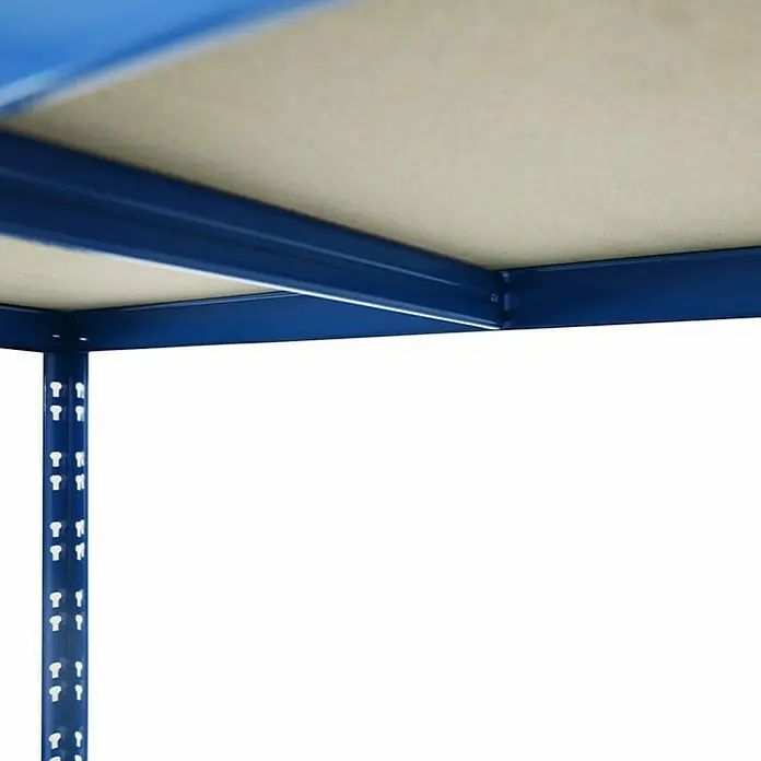 Floordirekt Reifenregal - H x B x T: 180 x 130 x 50 cm, Anzahl Träger: 2 Stk., Stecken, Blau - Nahaufnahme eines blauen Metallregals mit einer hellbraunen Platte, das Stabilität und Funktionalität vereint.