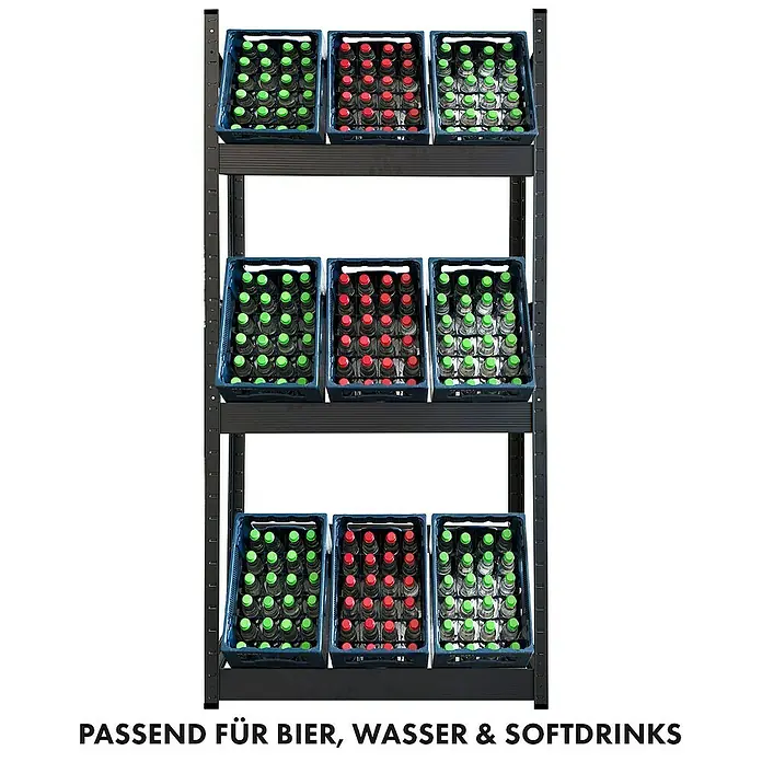 Floordirekt Getränkekistenregal Osaka - H x B x T: 200 x 80 x 30 cm, Traglast pro Boden: 100 kg, Anzahl Böden: 3 Stk., Stecken, Schwarz - Ein Regal mit mehreren Kisten Bier, Wasser und Erfrischungsgetränken. Ideal für die Lagerung von Getränken aller Art.