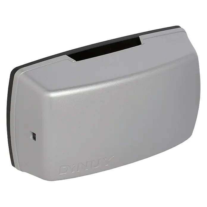 Dinuy Timbre con hilos Bison - Funcionamiento en red, Plateado, 50 x 148 x 88 mm - Primer plano de un producto Dinuy, posiblemente una cubierta o carcasa de algún tipo, que se muestra en plata con detalles en negro.