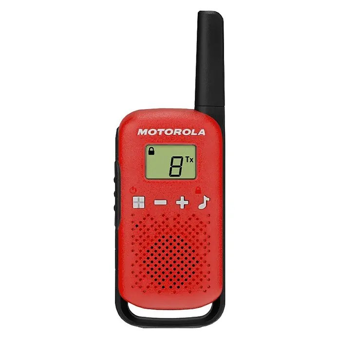 Motorola Solutions Walkie Talkie Talkabout T42 - Reichweite ca.: 4 km, Rot/Schwarz - Rotes Motorola Walkie-Talkie mit schwarzer Antenne und digitalem Display, ideal für Kommunikation.