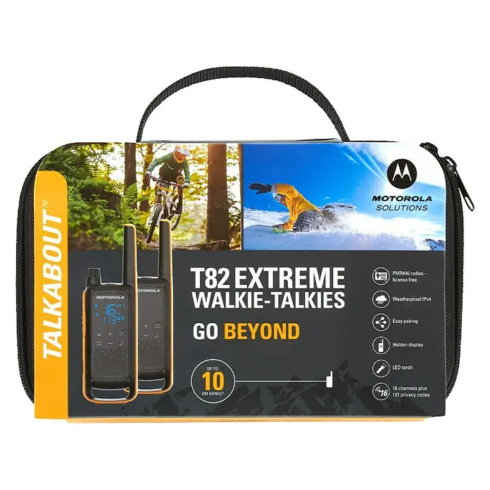 Motorola Solutions Walkie Talkie Talkabout T82 - Reichweite ca.: 10 km, Anzahl Kanäle: 16 Stk. - Das Motorola T82 Extreme Walkie-Talkie-Set in einer robusten Tragetasche, ideal für Outdoor-Abenteuer und zuverlässige Kommunikation.