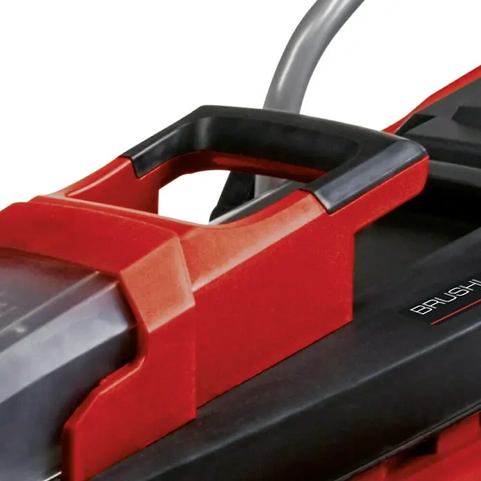 Einhell Power X-Change 18V Akku-Rasenmäher GE-CM 18/30 Li-Solo - 18 V, Li-Ionen, Ohne Akku, Schnittbreite: 30 cm - Detailaufnahme eines roten und schwarzen elektrischen Gartengeräts mit Griff.
