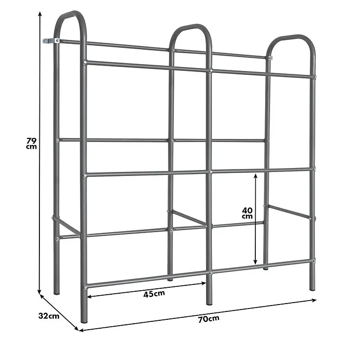 Floordirekt Getränkekistenregal Rocket - H x B x T: 115,5 x 96 x 32,5 cm, Traglast pro Boden: 17 kg, Anzahl Böden: 3 Stk., Stecken, Schwarz - Bild eines grauen Schuhregals mit sichtbaren Maßen, 79cm hoch, 70cm breit und 32cm tief, mit Details zu den einzelnen Fächern.