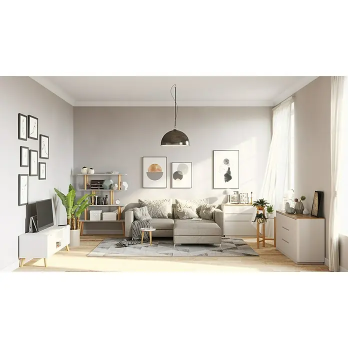 Phönix Scandi Lowboard - L x B x H: 45 x 145 x 51 cm, Weiß - Helles Wohnzimmer mit einem grauen Ecksofa, das mit Kissen dekoriert ist, und abstrakten Kunstwerken an der Wand für eine stilvolle Atmosphäre.