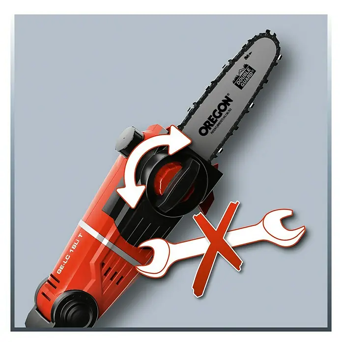 Einhell PXC 18V Podadora telescópica de batería GE-LC 18 Li T-Solo - 18 V, Iones de litio, Sin batería, Longitud de corte: 17 cm - Primer plano de la motosierra inalámbrica GE-LC 18 Li T, destacando el tensado y el reemplazo de la cadena sin herramientas.