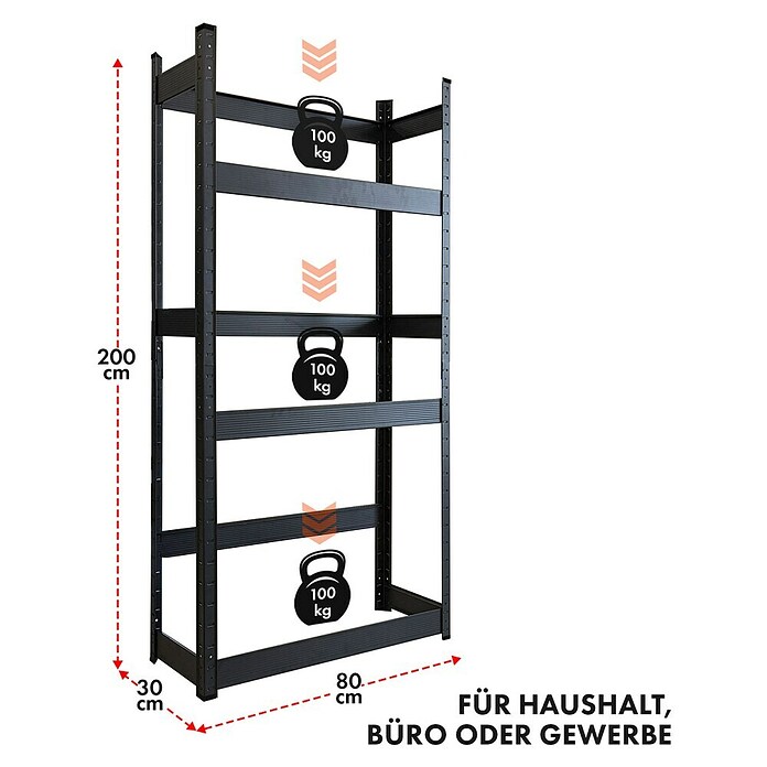 Floordirekt Getränkekistenregal Osaka (H x B x T: 200 x 80 x 30 cm, Traglast pro Boden: 100 kg, Anzahl Böden: 3 Stk., Stecken, Schwarz) | BAUHAUS