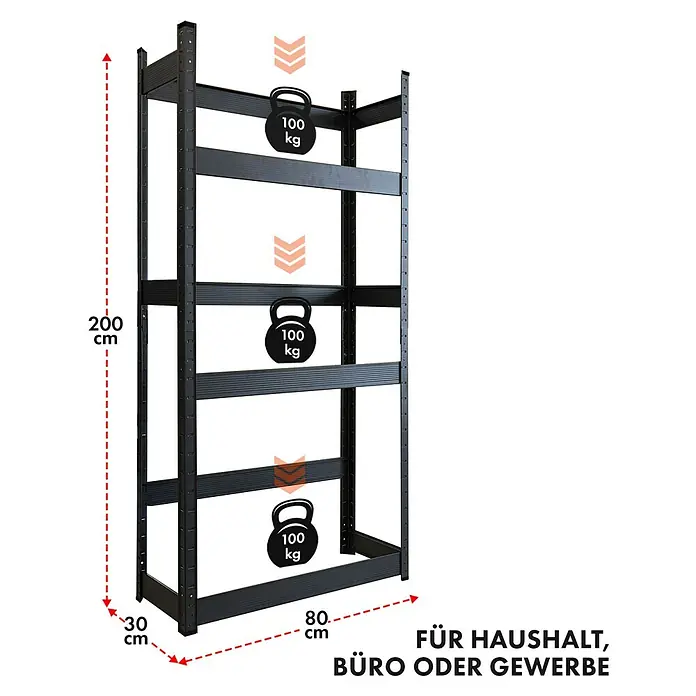 Floordirekt Getränkekistenregal Osaka - H x B x T: 200 x 80 x 30 cm, Traglast pro Boden: 100 kg, Anzahl Böden: 3 Stk., Stecken, Schwarz - Darstellung eines schwarzen Schwerlastregals mit vier Böden und Gewichtsangaben, geeignet für Haushalt, Büro oder Gewerbe.