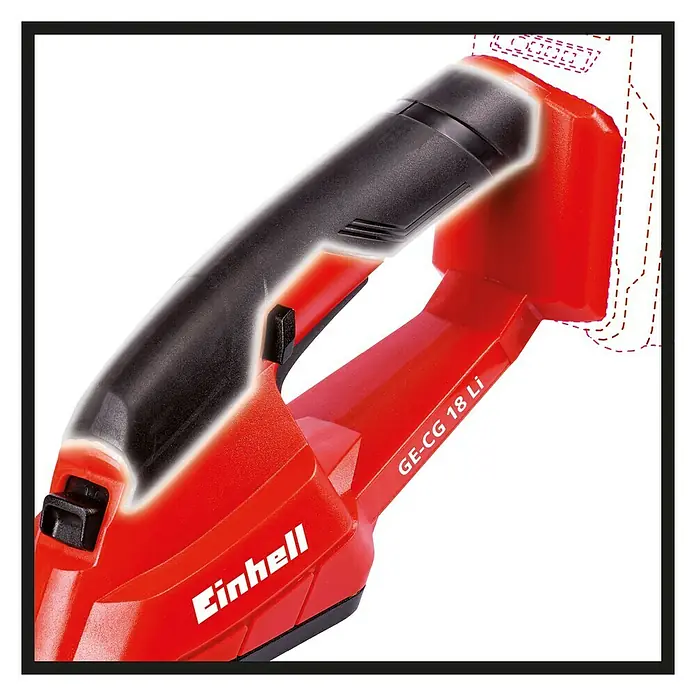 Einhell Power X-Change 18V Akku-Gras- & Strauchschere GC-CG 18 Li-Solo - 18 V, Li-Ionen, Ohne Akku, 100 mm - Abbildung eines roten Einhell GE-CG 18 Li Akku-Rasentrimmers, der für präzise Rasenpflege und Kantenschnitt sorgt.