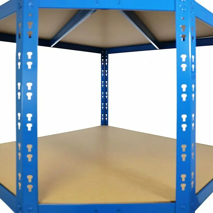 Floordirekt Eckregal - H x B x T: 180 x 90 x 42 cm, Traglast pro Boden: 175 kg, Anzahl Böden: 5 Stk., Stecken, Blau - Nahaufnahme eines blauen Schwerlastregals mit Holzablagen, ideal für Lagerung und Organisation.