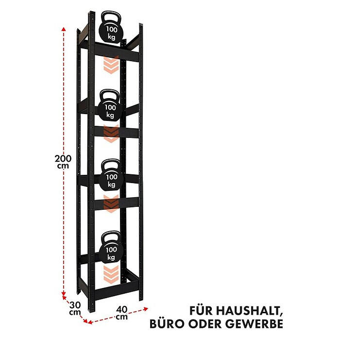 Floordirekt Getränkekistenregal Osaka (H x B x T: 200 x 40 x 30 cm, Traglast pro Boden: 100 kg, Anzahl Böden: 4 Stk., Stecken, Schwarz) | BAUHAUS